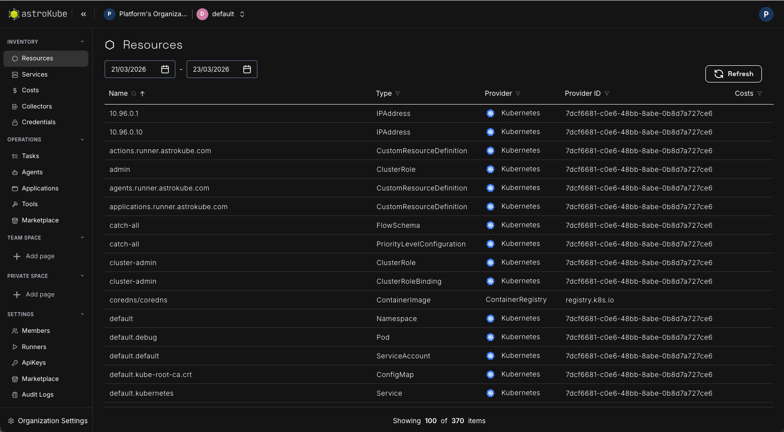 Astrokube Platform dashboard